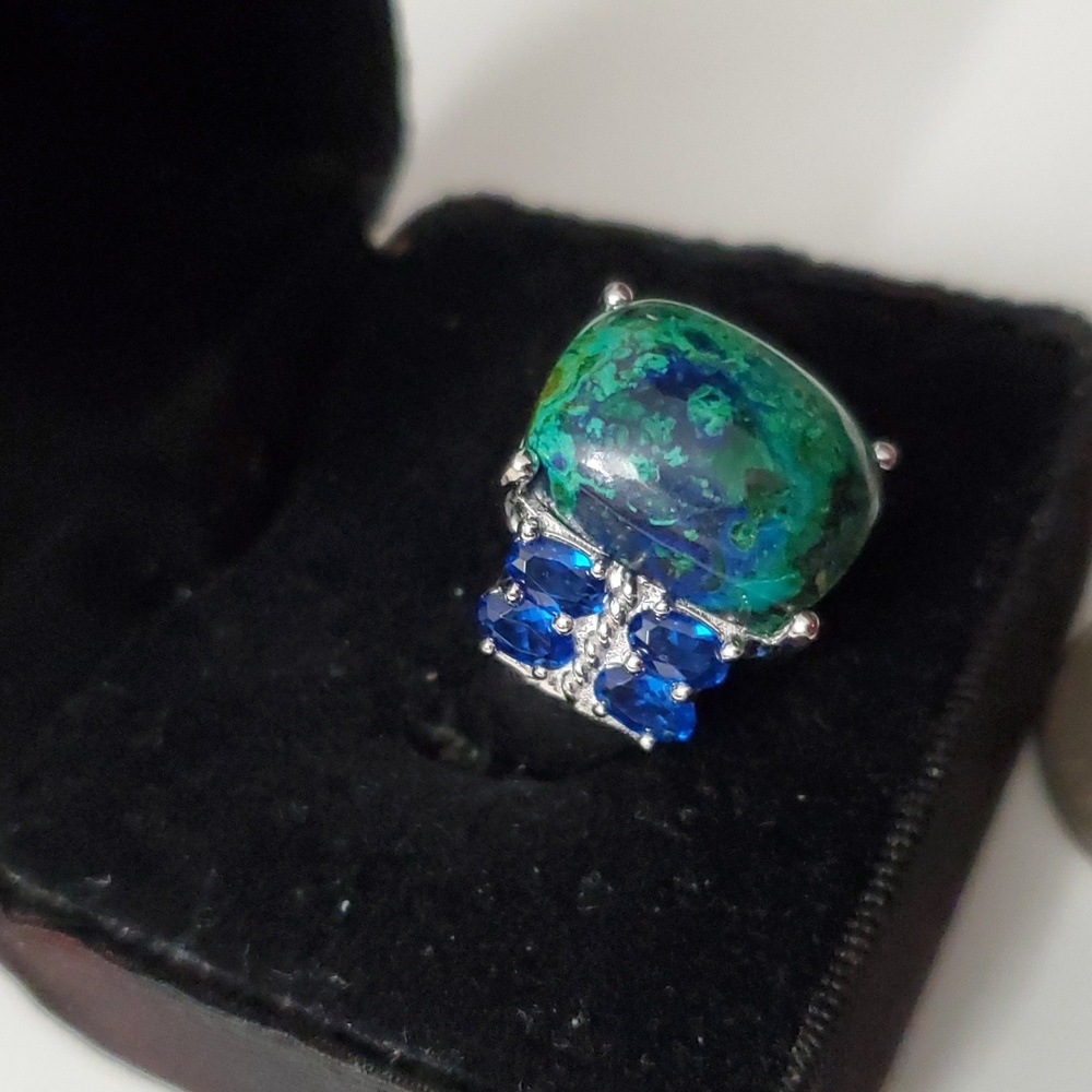 Sterling Silver 925 Azurite Malachite & Sapphire Ring Earthly Elegance - Picture 3 of 8